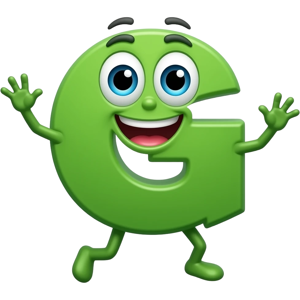 a green letter "G" with arms, eyes and a mouth, dancing emoji