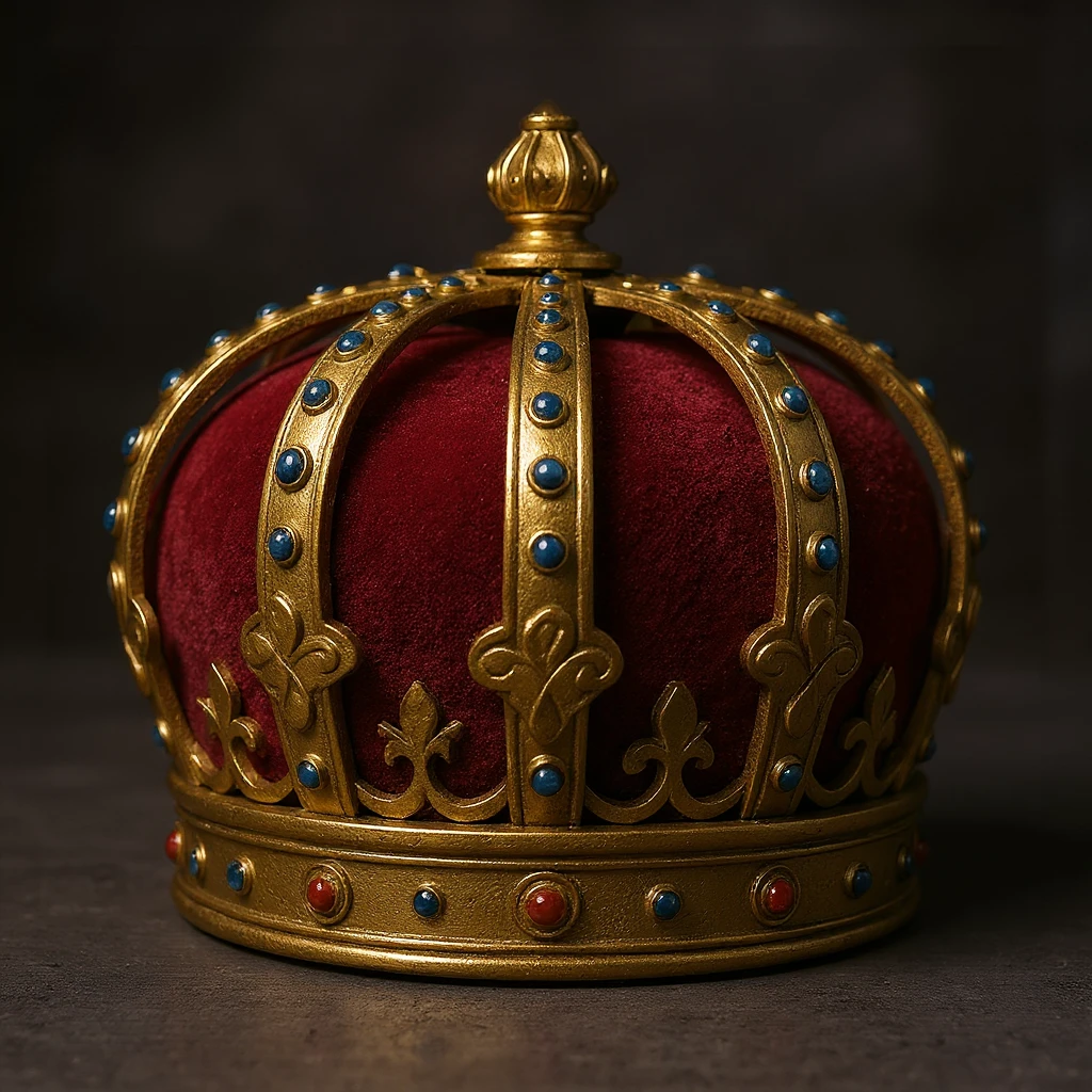Create a realistic, detailed crown based on the crown in the reference image. Make it look three-dimensional and regal, with gold, red, and blue accents in a photorealistic style. No background. emoji
