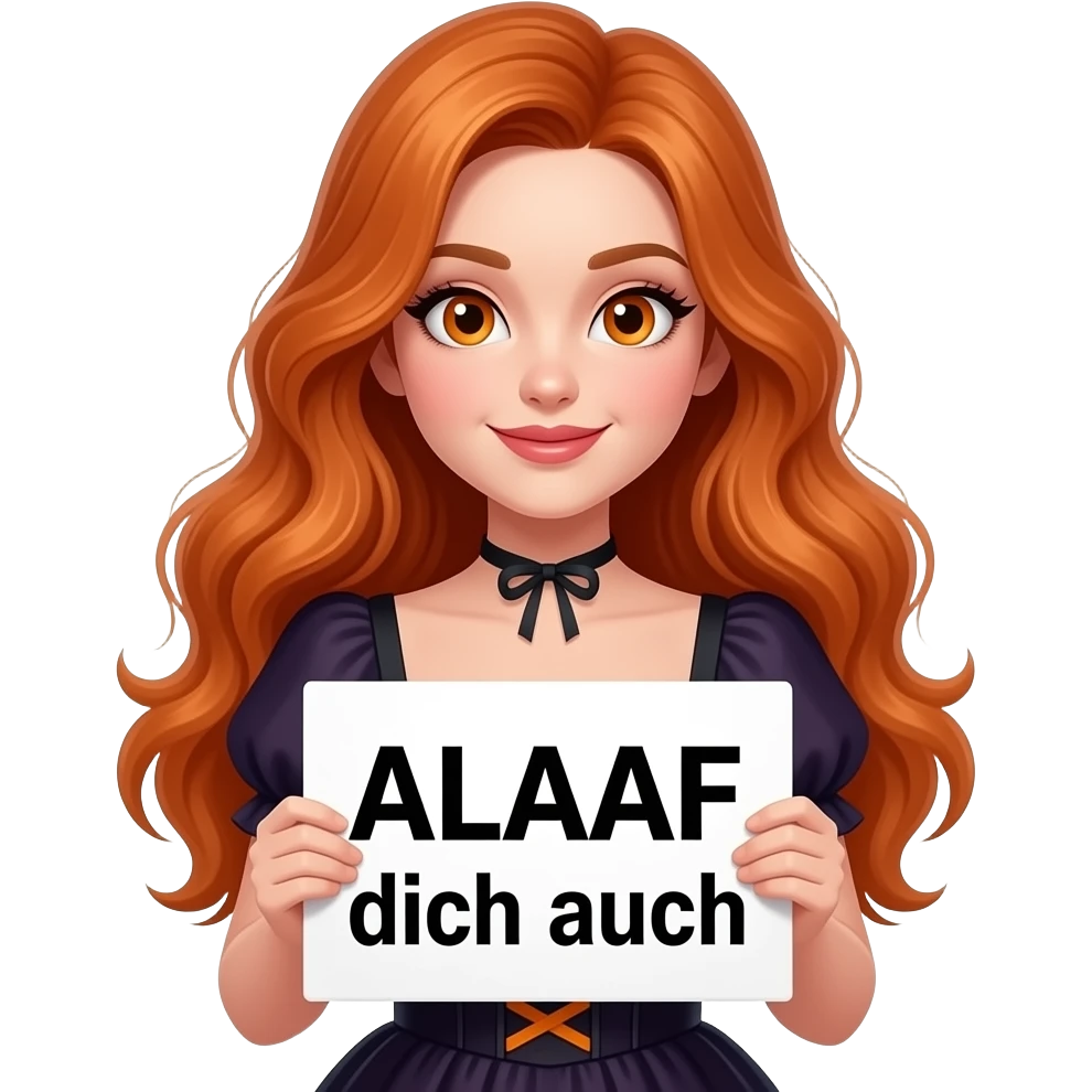 sexy girl with long wavy ginger hair and ginger eyes wearing a halloween dress is holding a white colored sign with ALAAF dich auch written on it emoji