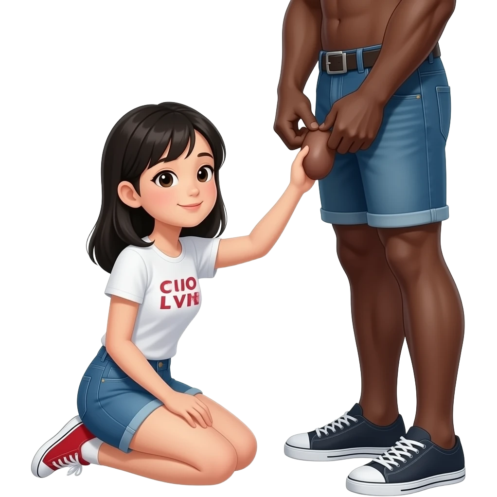 Asian girl kneeling before a black guy showing his penis emoji