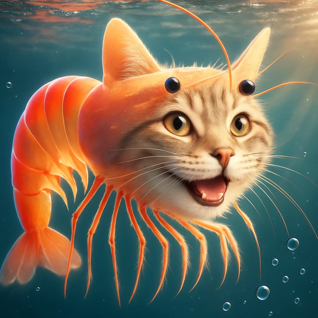 Change the expression of the cat-shrimp creature to happy, keeping all other details and colors the same, in a style consistent with the original image. emoji