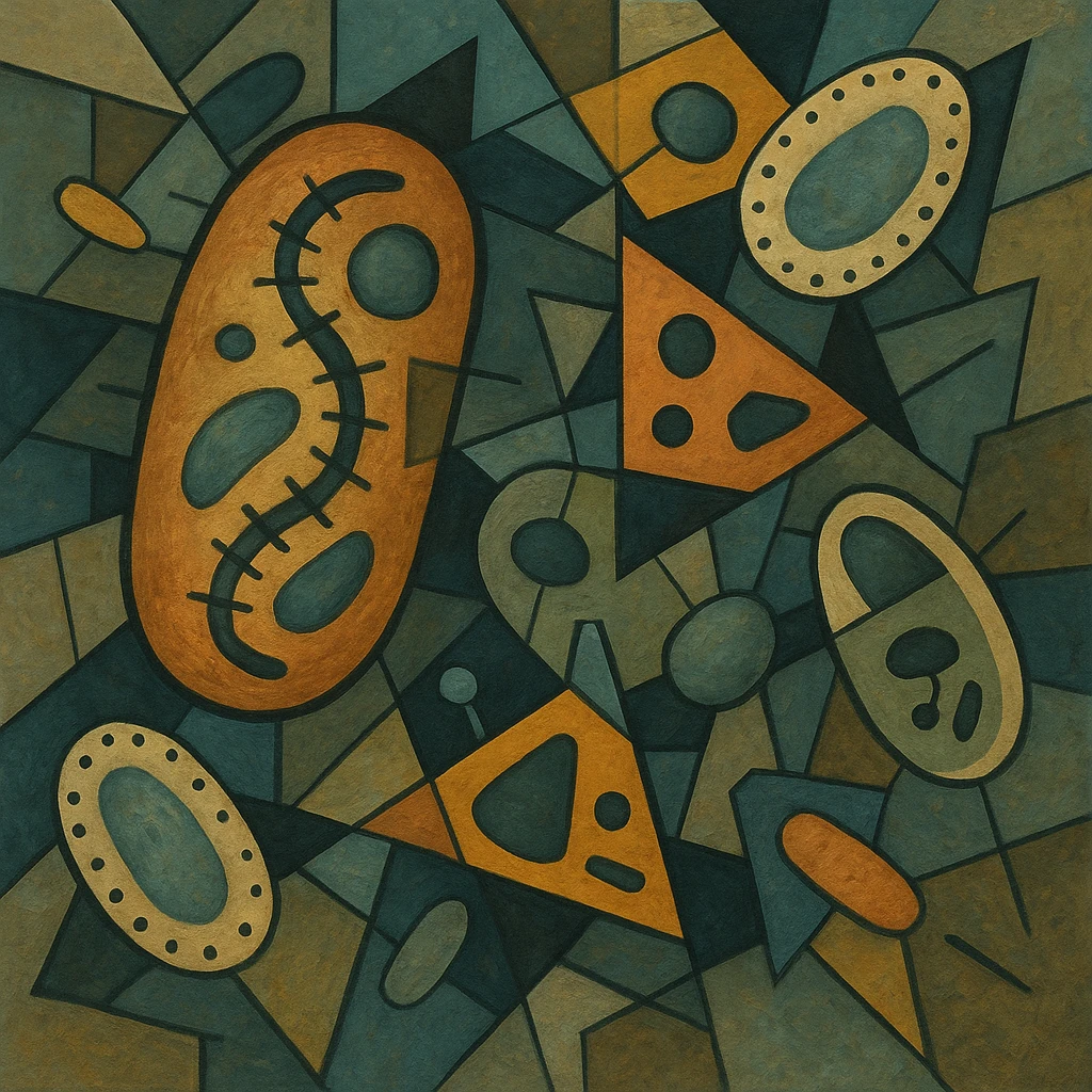 bacteria with cell organs, geometric shapes, cubist abstraction style emoji