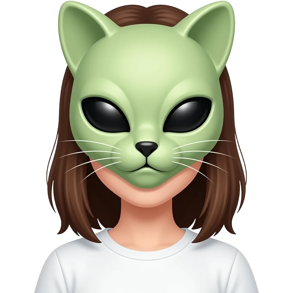 A girl wearing a alien cat therian cat mask on her face with brown hair and brown eyes with a blank white shirt emoji