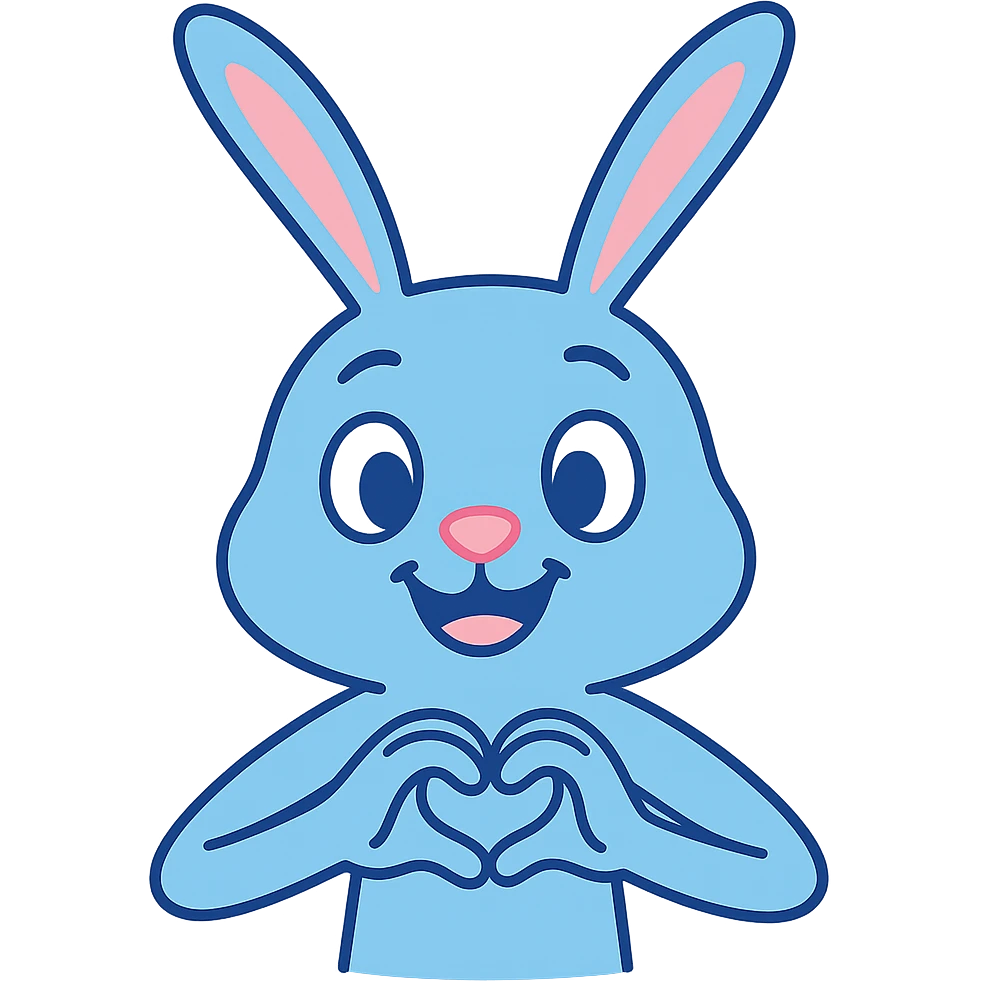 A skinny blue pastel bunny making a heart gesture with its hands, cute, smiling, friendly, with no background. Remove the background to isolate the subject. emoji