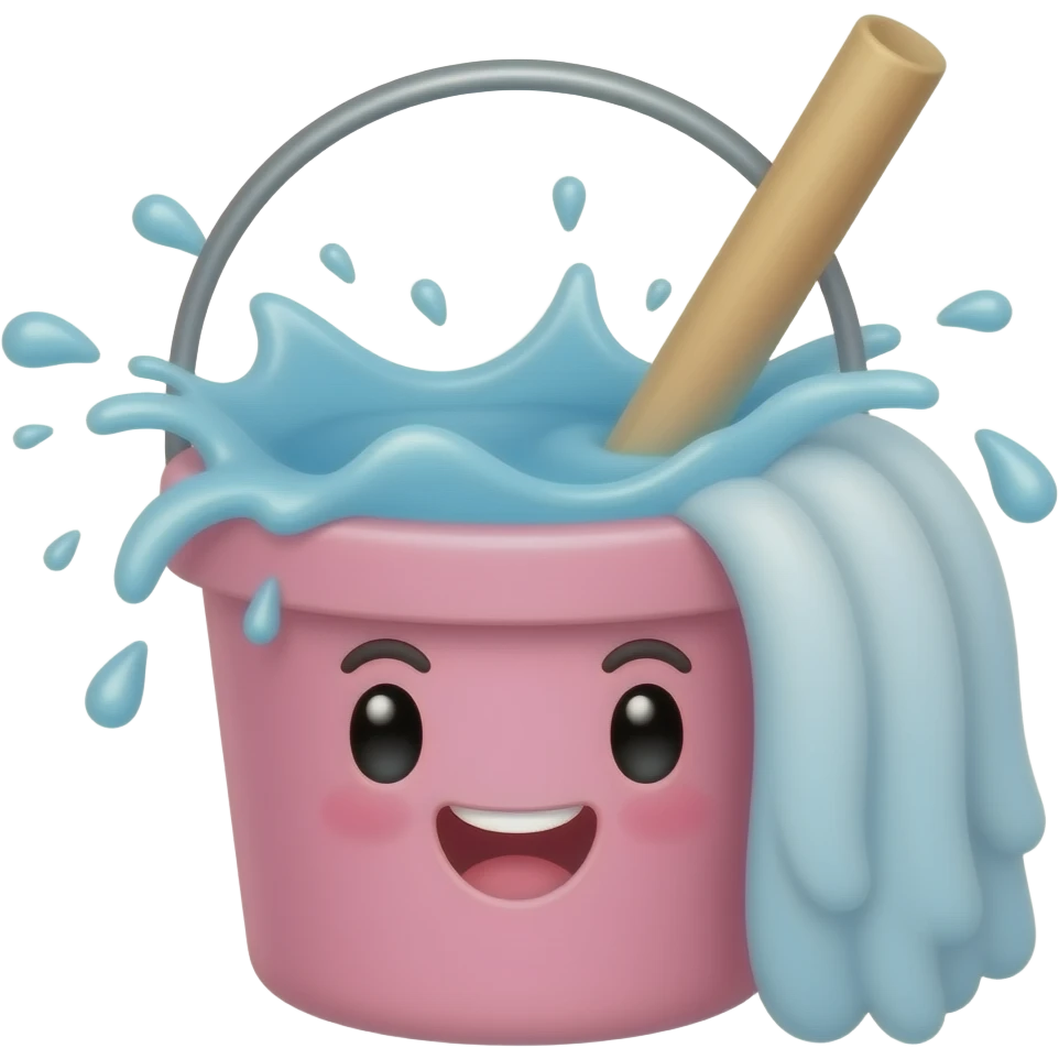 A PINK BUCKET WITH A MOP AND SPLASHING WATER AND BUBBLES CUTE AND HAPPY emoji