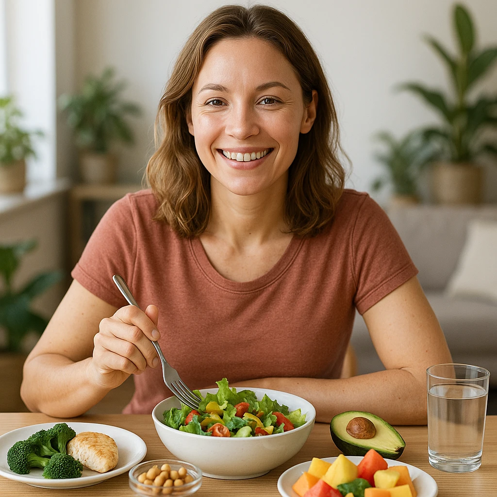 hyper realistic woman following a strategic and balanced diet, improving her quality of life, healthy and happy appearance, positive atmosphere, realistic details, sitting at a table with healthy food emoji