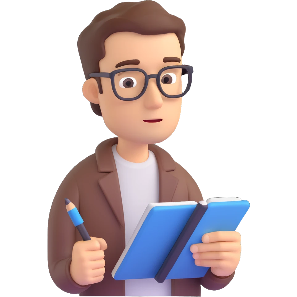 a man with a notebook, jotting down ideas while thinking, 3D style emoji
