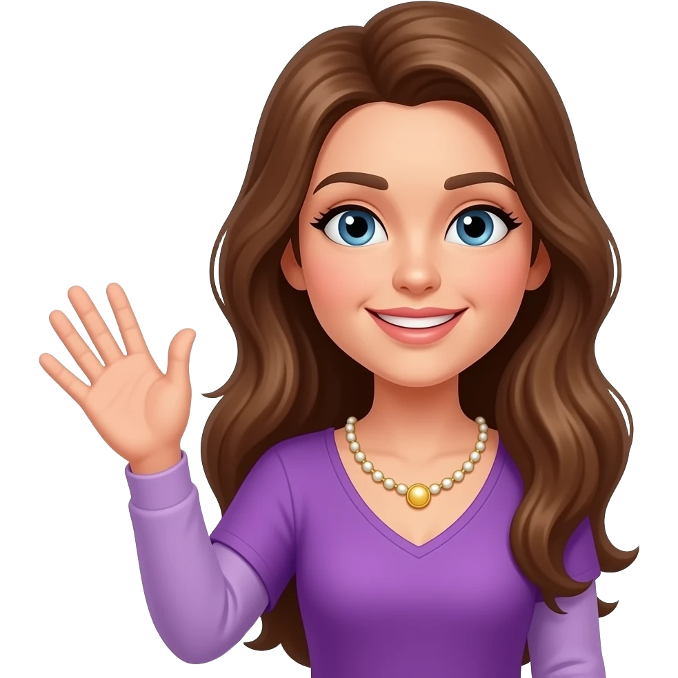 Женщина машет привет с волшембнвм шаром в руке, в фиолетовой одежде emoji