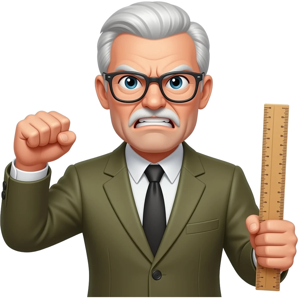 A old teacher man with glasses whering a olive coloured suit he is angry and very strict and he us clutching his fist while holding a ruler emoji