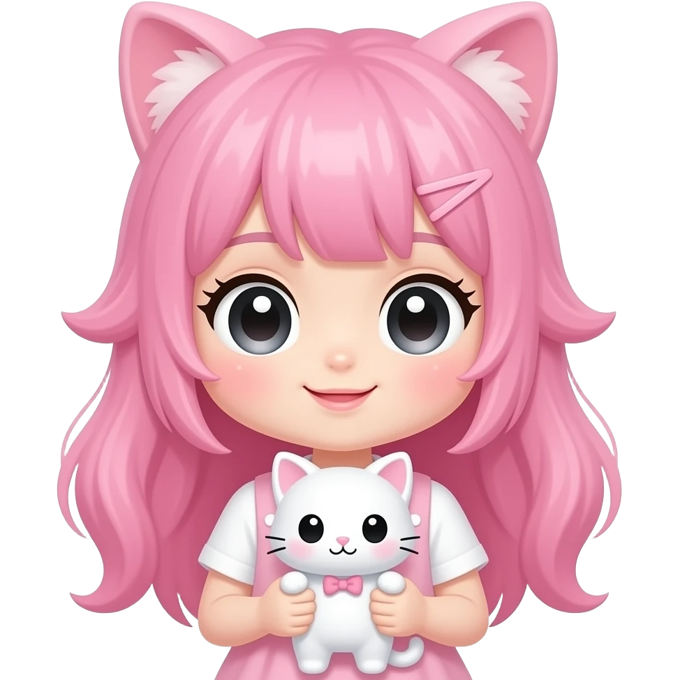 kawaii pink cat gitl with pink hair and kawaii toy emoji