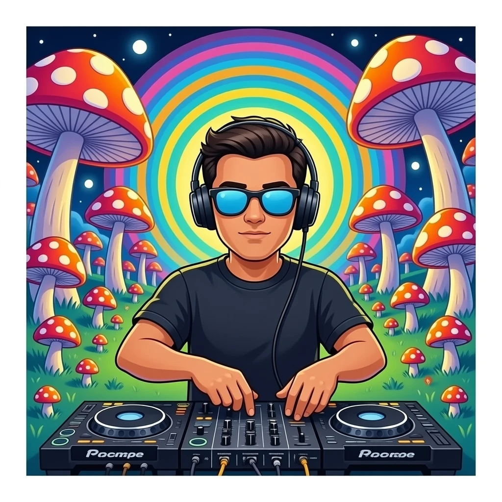 DJ behind a controller, the background as a psychedelic scene filled with spychedelic mushroom emoji