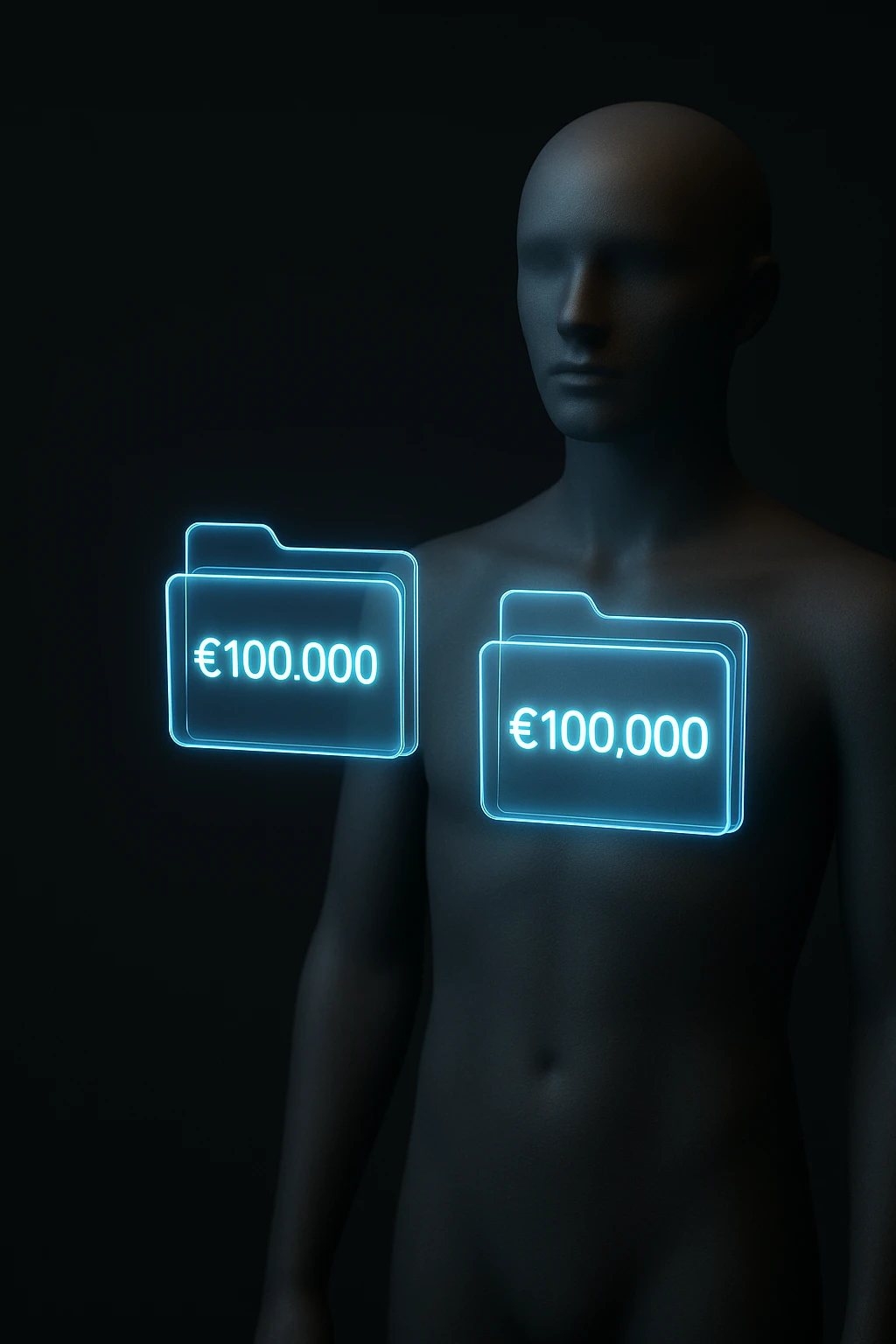 Two glowing transparent digital portfolios (futuristic floating folders) hovering in front of a mannequin. Each labeled with €100,000. Minimal dark background with left side empty for text overlay. emoji