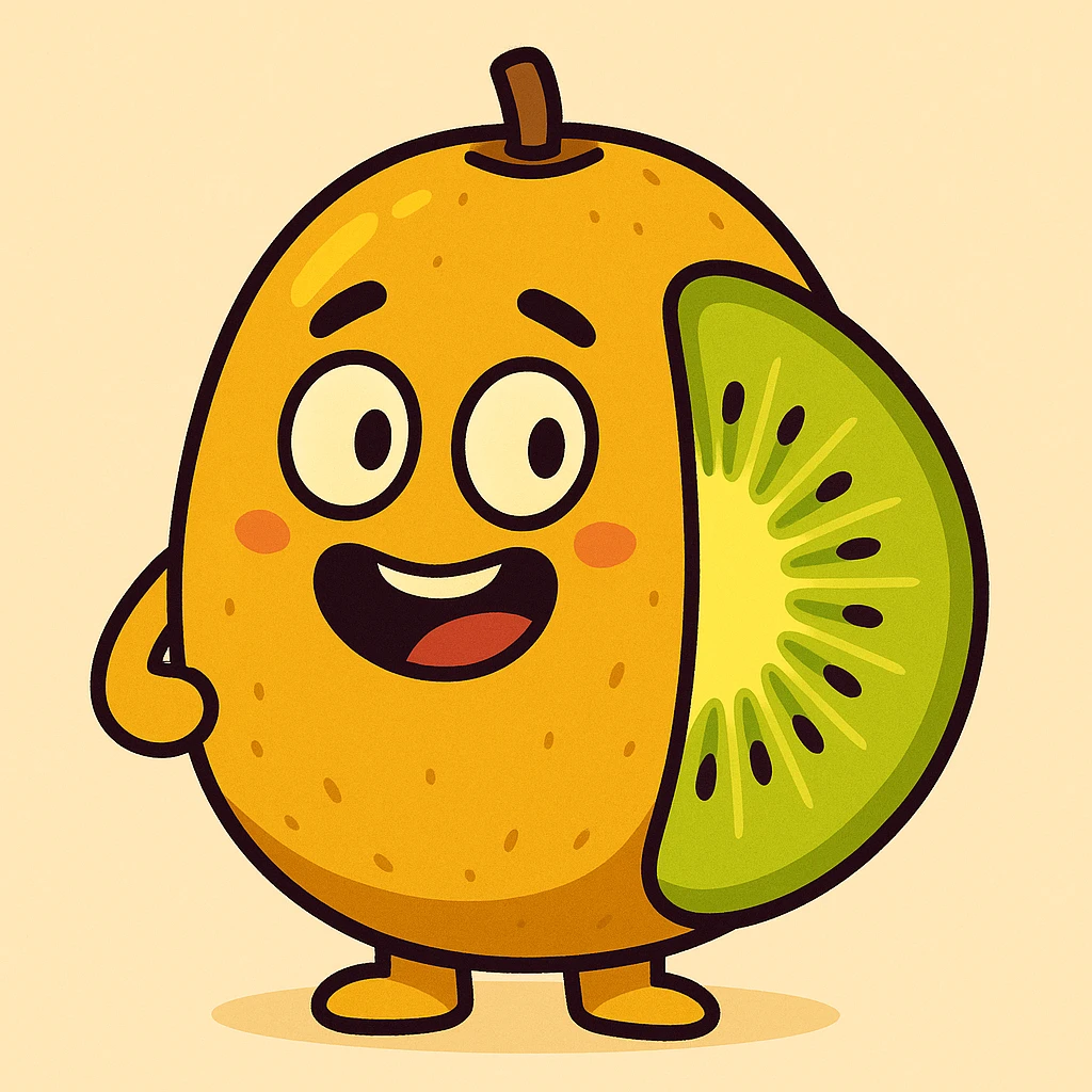 golden kiwi fruit, cartoon style, cute face, bright yellow and green, simple background emoji