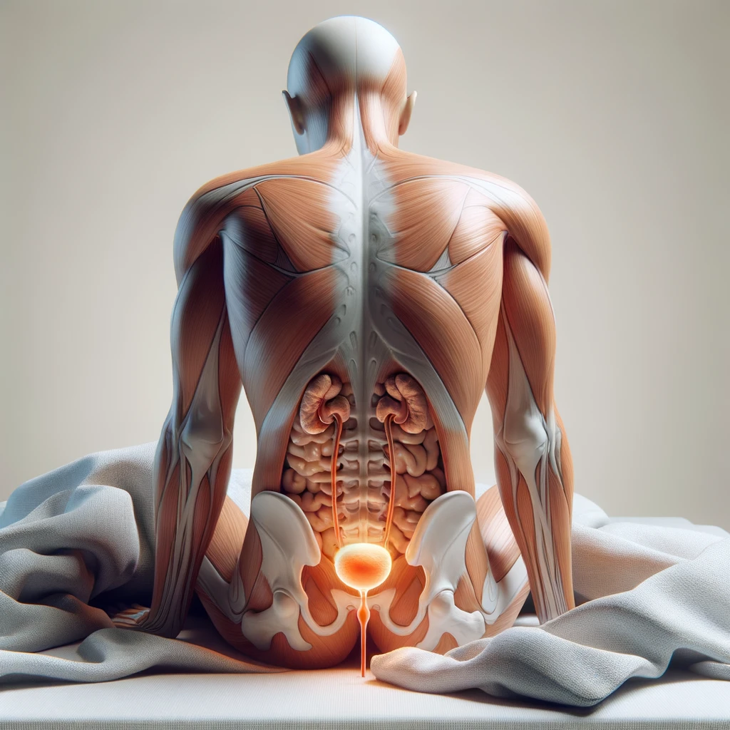 CORPO UMANO ANATOMICO SEDUTO NEL LETTO CHE NON RIESCE A DORMIRE, VESCICA ANATOMICA IN EVIDENZA, IPERREALISTICO SFONDO CHIARO NEUTRO emoji