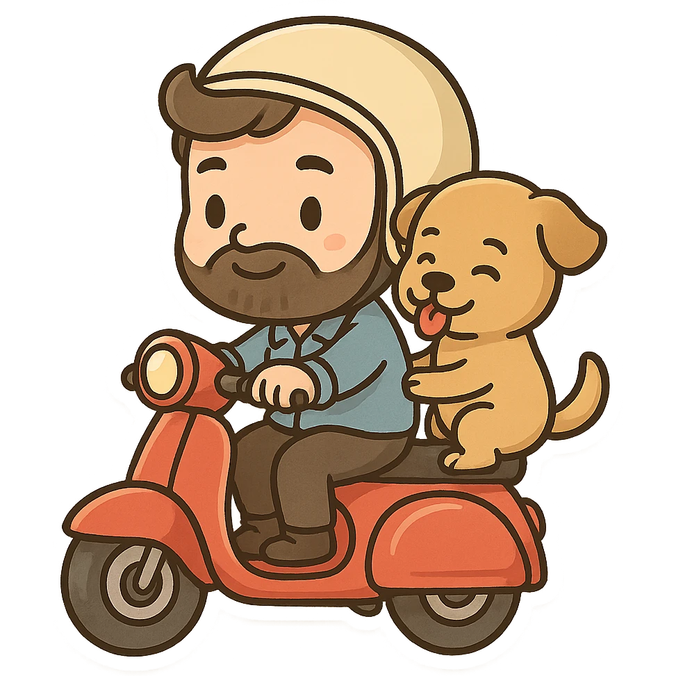 man and his pet dog riding a vespa emoji