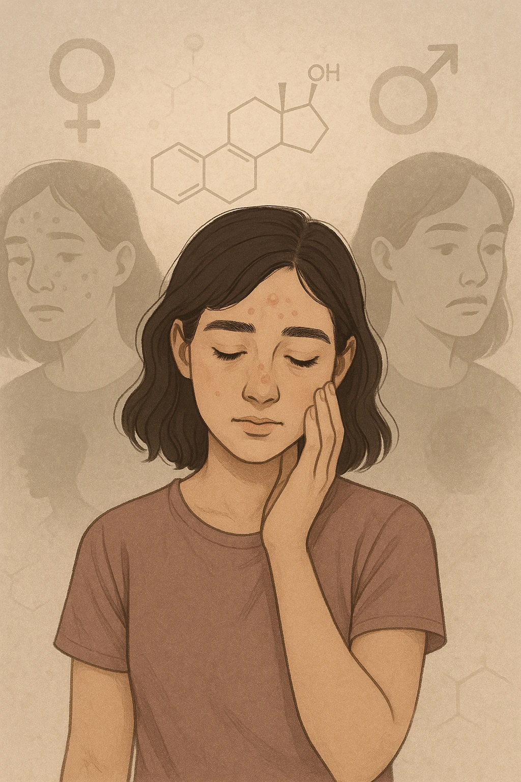 A young woman is surrounded by faint overlays of hormonal symbols and androgen molecules, with shadowy images of acne, facial hair, and oily skin projected around her, symbolizing the symptoms of PCOS with androgen excess. She looks down, gently touching her face with a resigned but hopeful expression, symbolizing her journey toward managing these symptoms. emoji