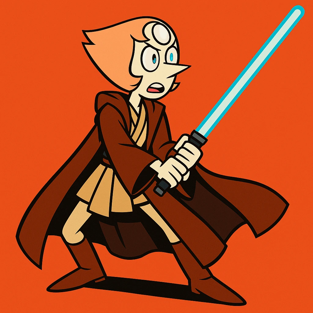Pearl from Steven Universe in Jedi robes, holding a blue lightsaber, dramatic pose, cartoon style emoji