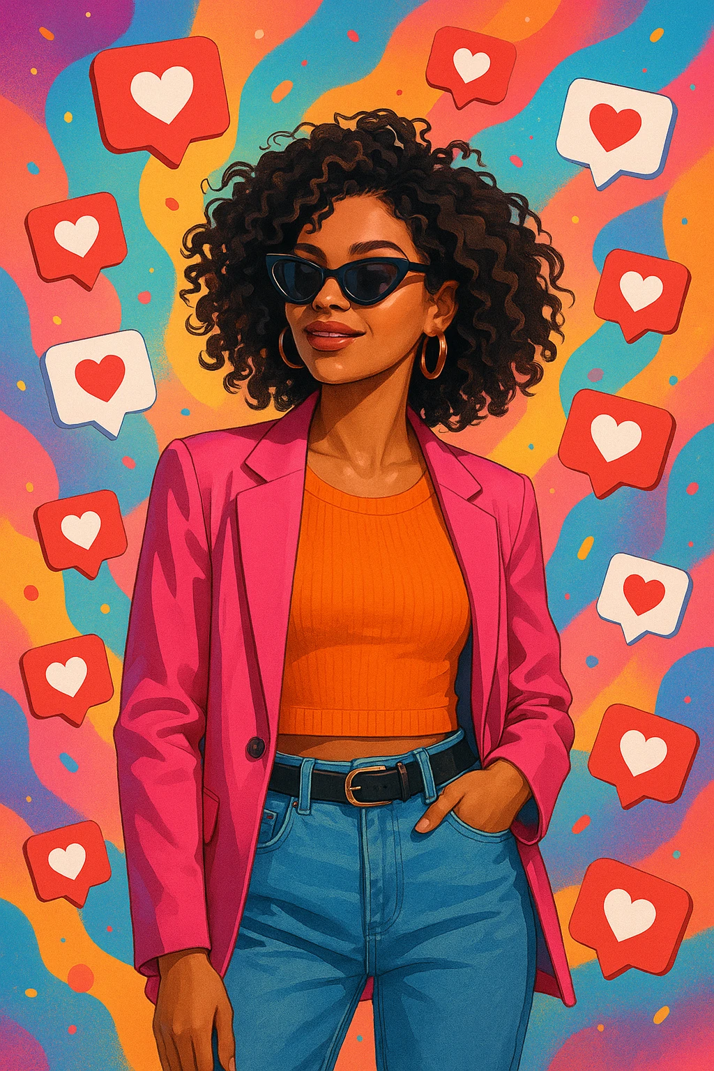 influencer, stylish, surrounded by likes and hearts emoji