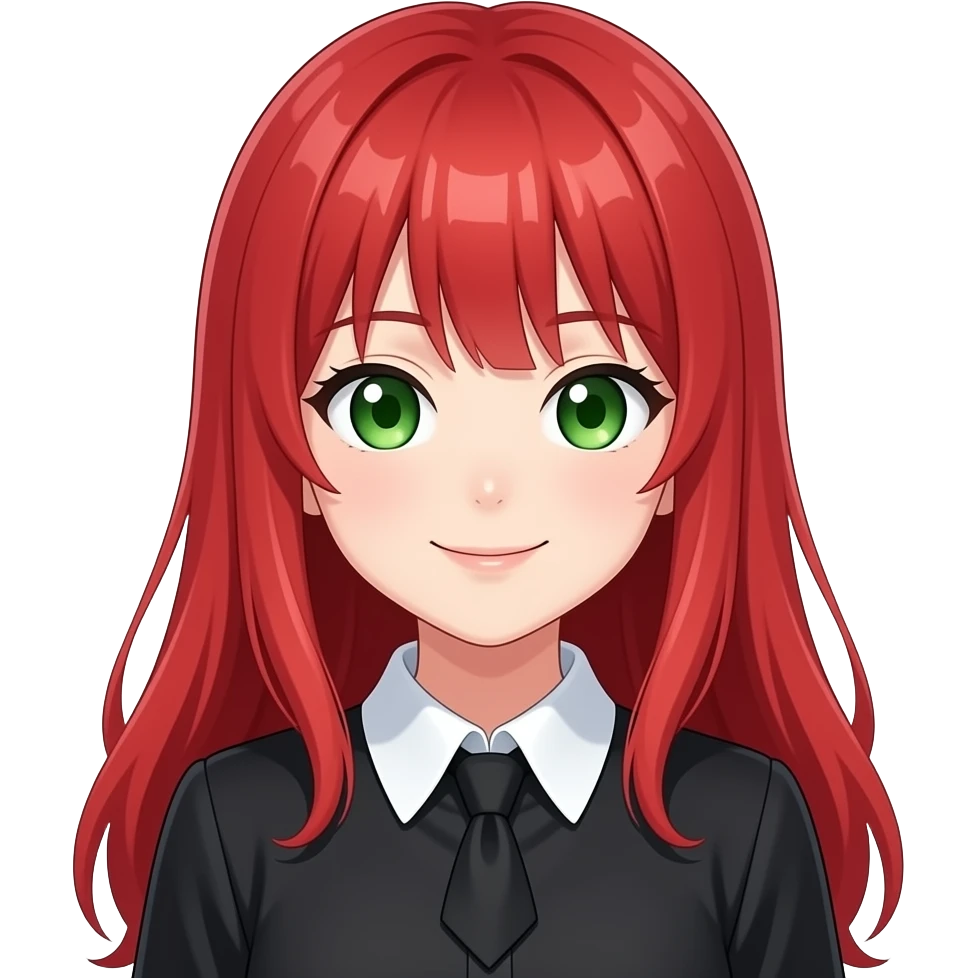 anime girl diagonal smirk red hair green eyes black blouse with white collar emoji