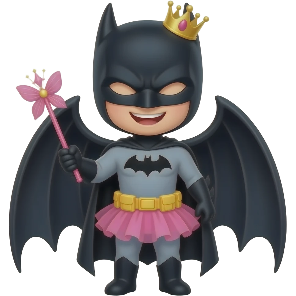 happy batman in a pink tutu like a princess withno hair but a mask and no wings with his arms holding a pink fairy wand and having a crown with NI WINGS emoji