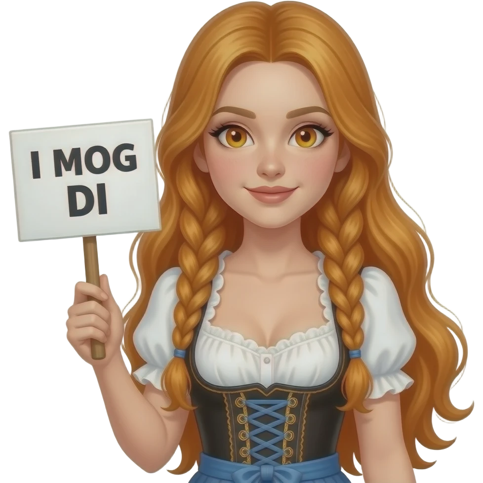 sexy girl with overlong ginger hair in braids and ginger eyes wearing a dirndl holding a I MOG DI sign emoji