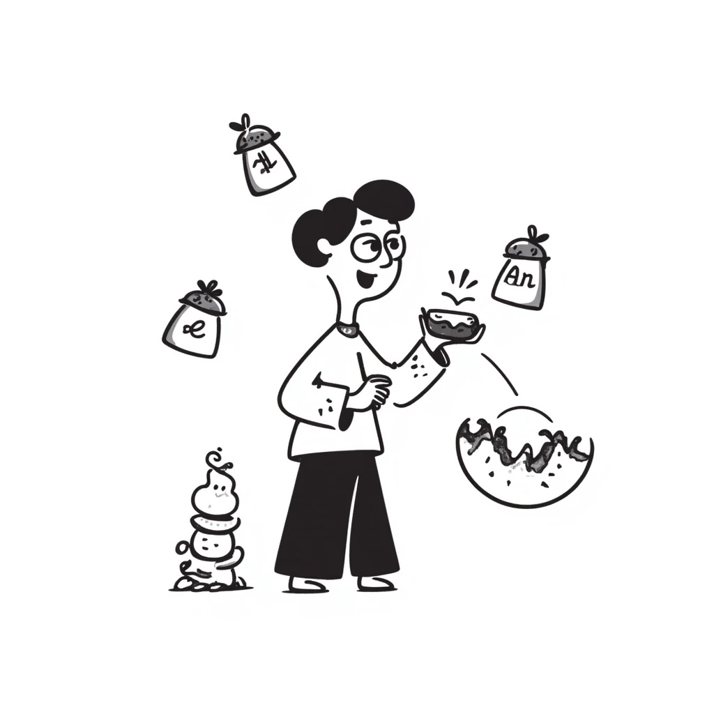 A surreal image of a day eating all the previous days. The day is depicted as a black and white doodle character with a big mouth, consuming smaller representations of past days. emoji