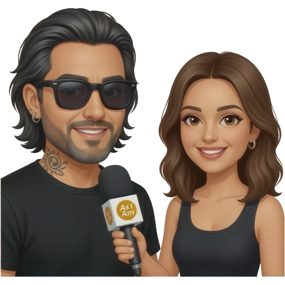 A podcast host, a handsome Latino man with medium length hair, a graying long beard, tattoos, hoops in his nose and ear, all in black with sunglasses, interviews a woman in front of a microphone with a logo reading "As I Am." emoji