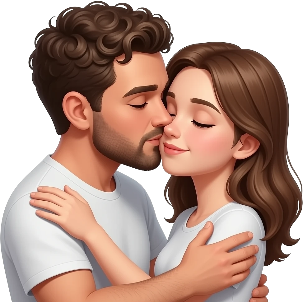 Realistic white man brown super short curly hair with beard kissing passionately and hugging realistic white girl brown hair emoji