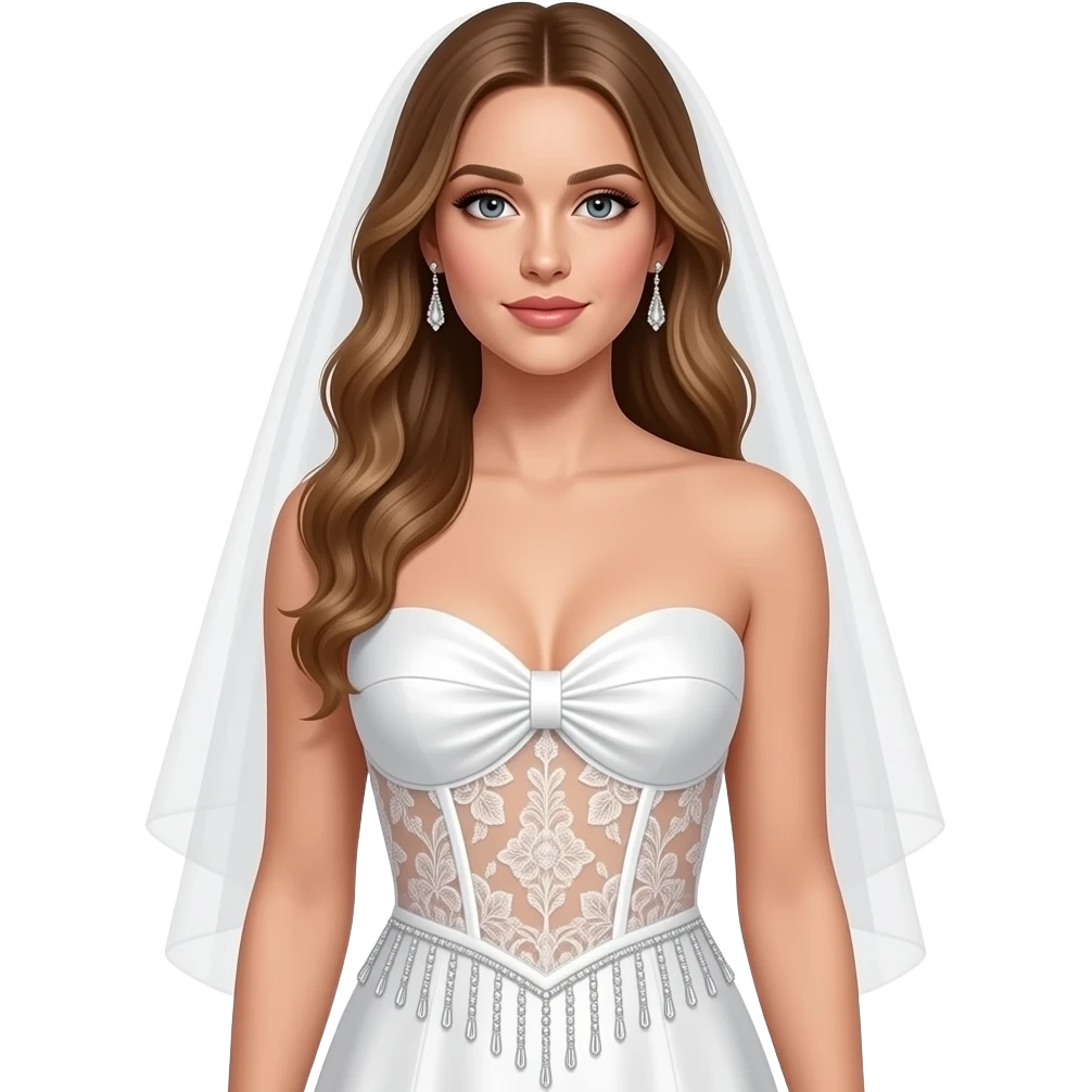 Sabrina Carpenter white bridal-inspired bodysuit with a strapless, sweetheart neckline and a knotted satin bust detail. The midsection is crafted from intricate floral lace over a nude lining, embellished with delicate beadwork and a fringe of silver crystals. She wears shimmering drop earrings emoji