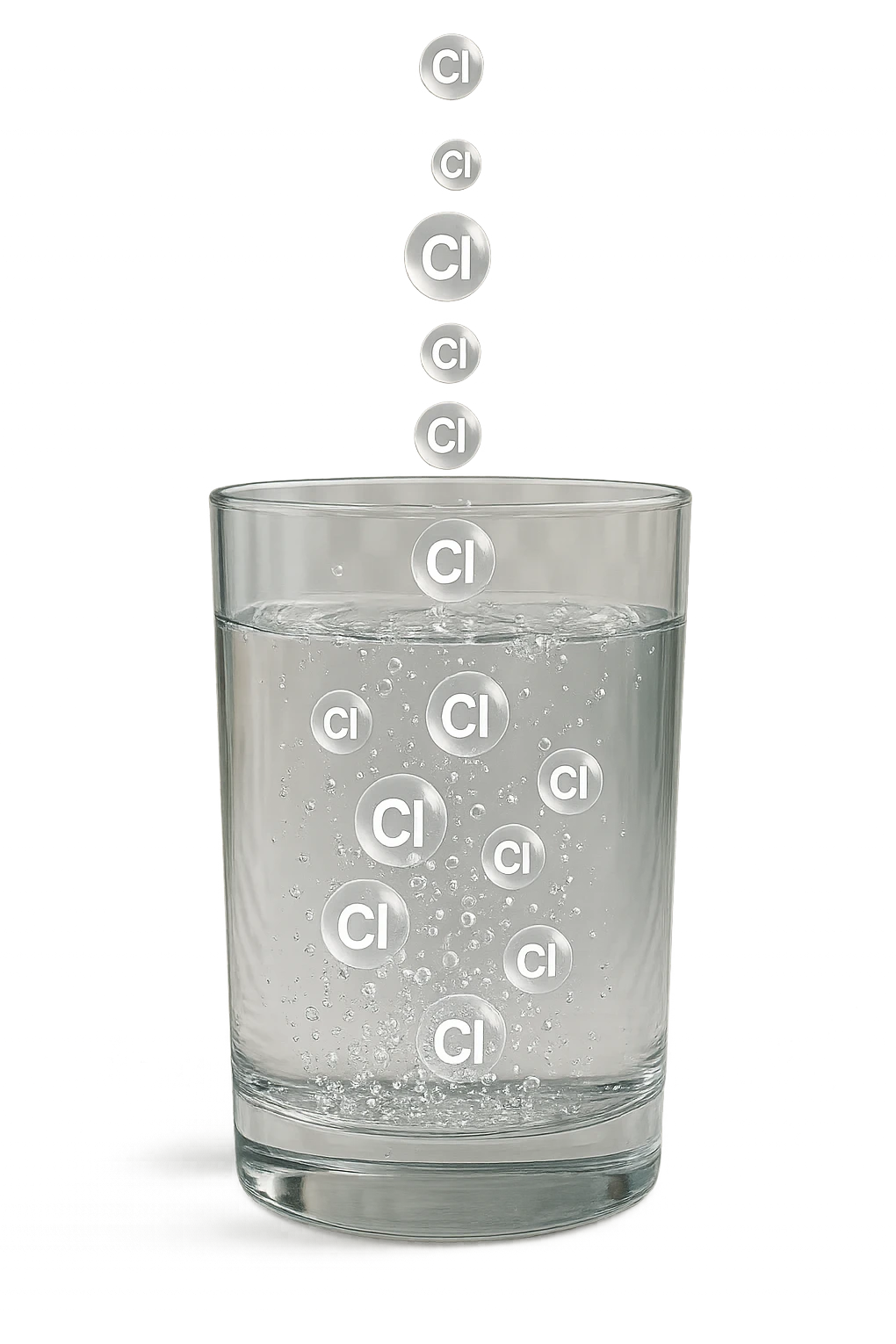 un bicchiere di acqua fluttua in aria realistico e dettagliato, dentro l'acqua del bicchiere ci sono particelle di cloro ben visibili con la scritta "Cl" sopra, ci sono particelle anche che escono dal bicchiere e fluttuan
o in aria verticalmente, mentre alcune sono all'interno dell'acqua nel bicchiere, iperrealistico 4k emoji