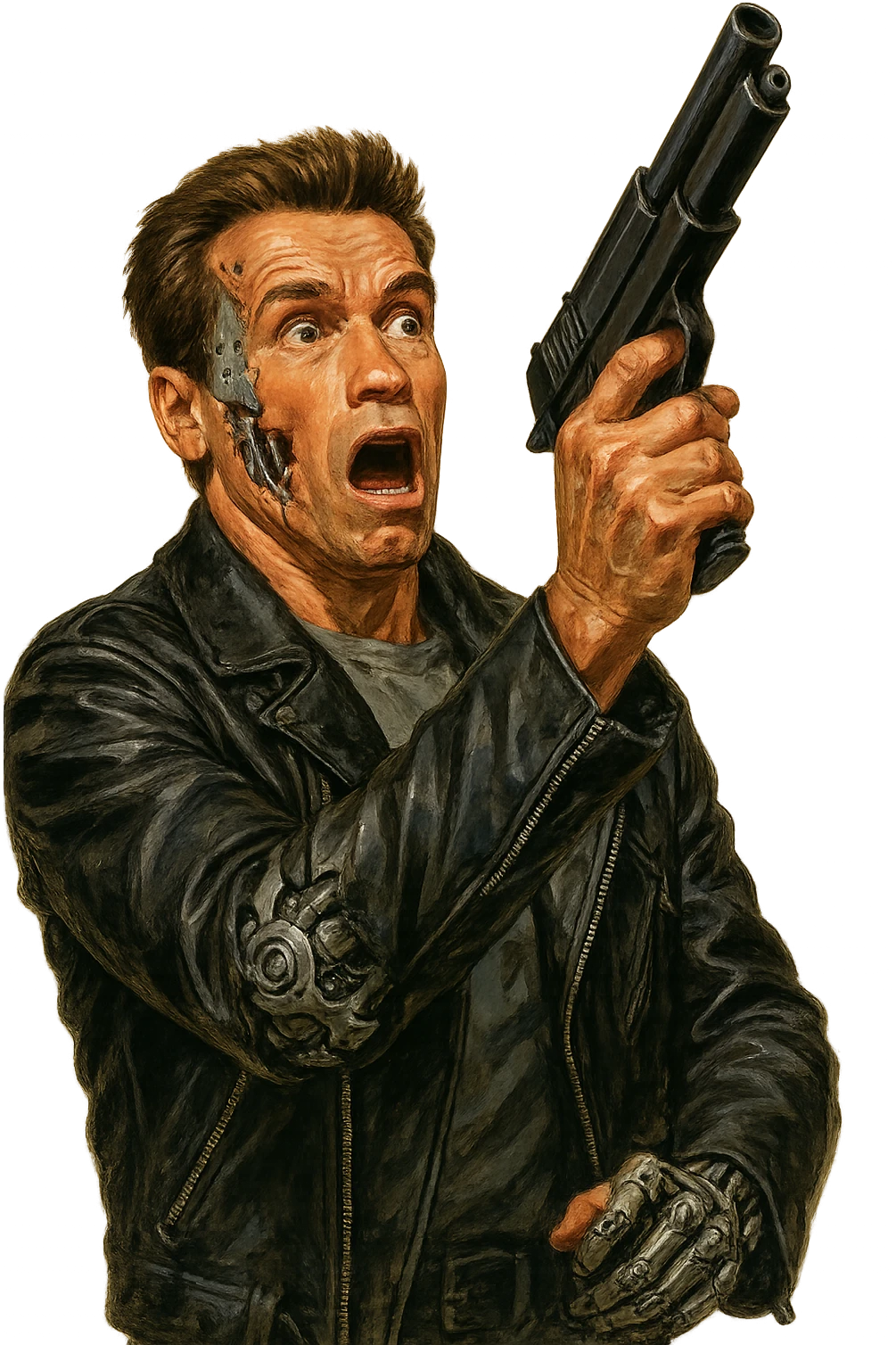 Terminator Arnold Schwarzenegger aiming a gun upward, metallic endoskeleton details, surprised expression, realistic painted cartoon style emoji