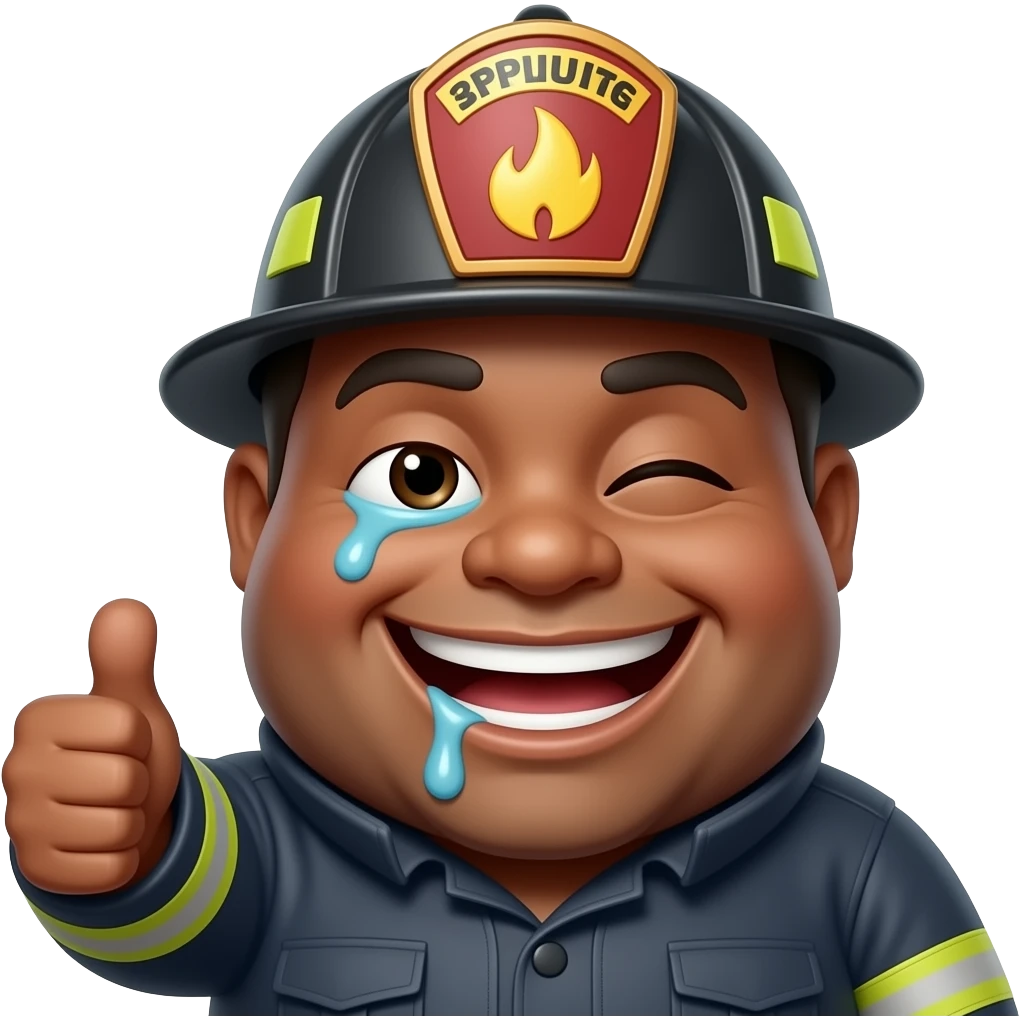 Classic smiley, weird proportions, obese, drooling, squinting, dark complexion, fireman hat, Unreal Engine 5, thumbs up emoji