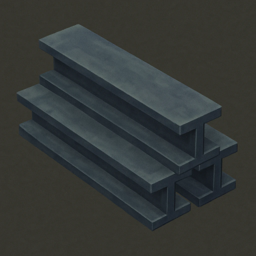 Edit the image to show three long steel I-beams in an isometric 3D view with metallic shine. Arrange two beams on the bottom and one on top. Remove the white star from the image. Match the style of the reference image, which is low poly 3D style with a metallic look and no background. emoji
