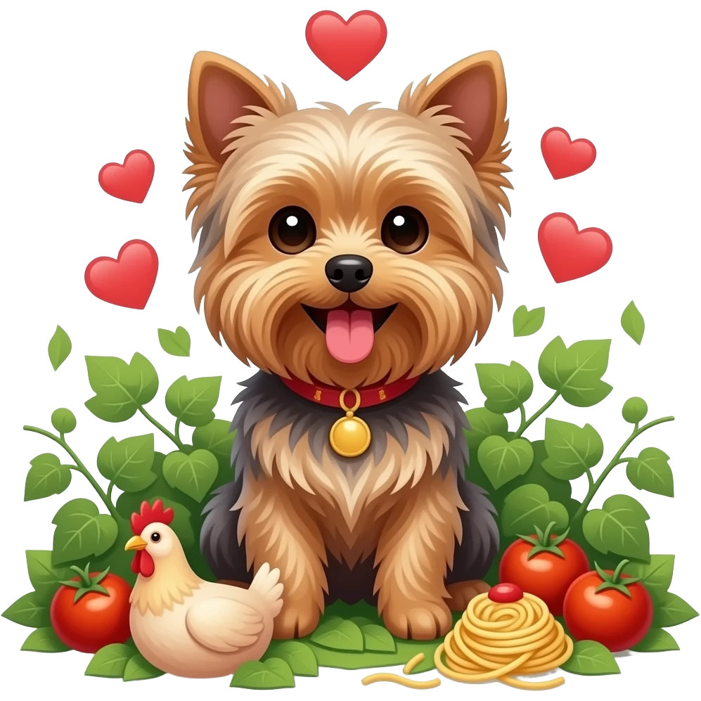 Yorkie dog smiling tongue out sitting among a lot of ivy, tomatos,  chicken and pasta and floating hearts emoji