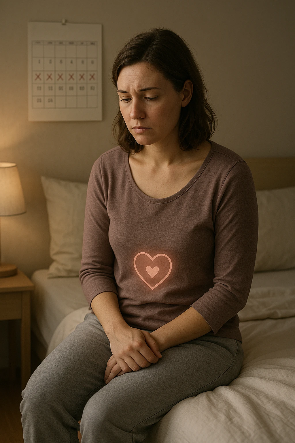 3D realistic medical illustration: a young woman in her 20s or 30s sits on the edge of a bed in a softly lit bedroom, looking thoughtful and slightly concerned. She wears comfortable loungewear, her posture is slouched, and her expression is subdued. Subtle visual cues—such as a faded calendar with missed menstrual cycles and a dimmed heart or energy icon near her abdomen—symbolize low libido and amenorrhea. The scene is realistic, intimate, and empathetic. emoji