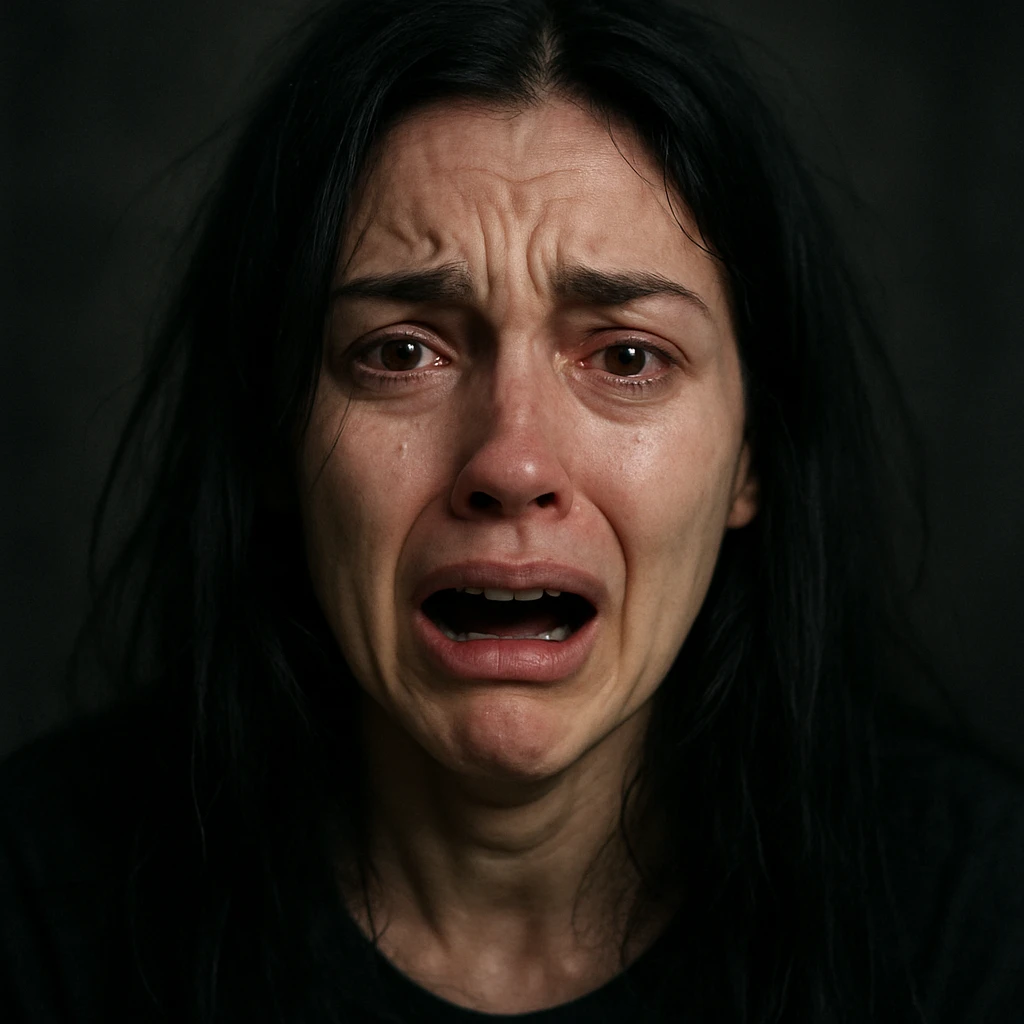 woman with long black hair having a mental breakdown, expressive face, emotional, visible distress emoji