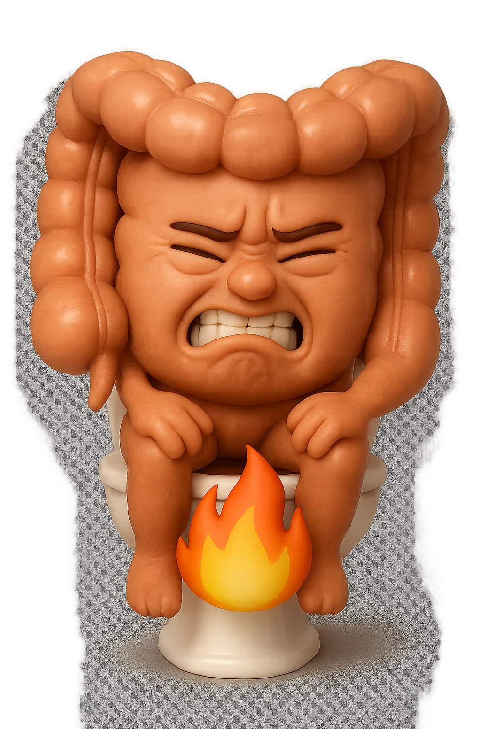 SU QUESTO STILE FAI UN EMOJI STILE IPHONE 3D DI UN INTESTINO CHE sta seduto sul wc e dal wc in mezzo alle sue gambe esce una fiamma stile emoji iphone, FAGLI UN ESPRESSIONE di dolore mentre si sforza E FALLO MOLTO REALISTICO IN 3D emoji