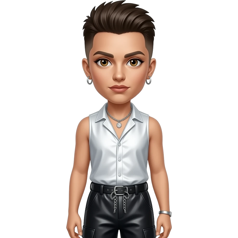 Lady Gaga as Jo Calderone with hazel eyes, short dark brown faux hawk hair, white metallic sleeveless shirt, black metallic baggy pants, silver necklace and earrings emoji