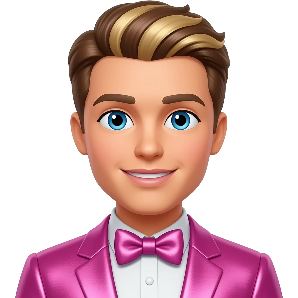 Ken Carson from Barbie and Friends with blue eyes, brown hair with blonde highlights, pink metallic suit with bow tie emoji