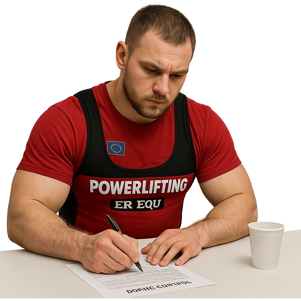 European powerlifter in anti-doping room, signing control documents, wearing competition clothing, serious atmosphere, realistic details, isolated on white background emoji