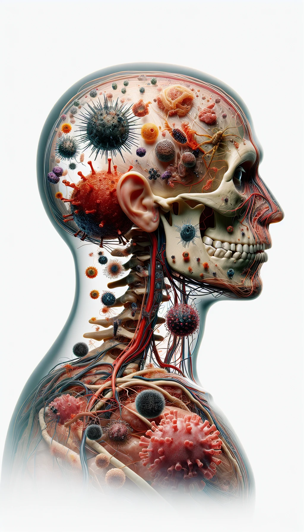 corpo umano anatomico di profilo con virus e parassiti che cercano di attaccarlo , isolato su sfondo bianco, iperrealistico 4k emoji