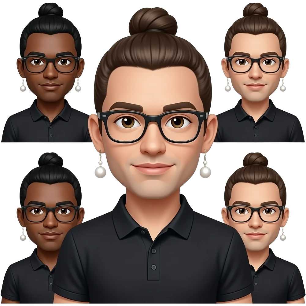 Men with a bun and glasses, long earing with white pearl and black polo emoji