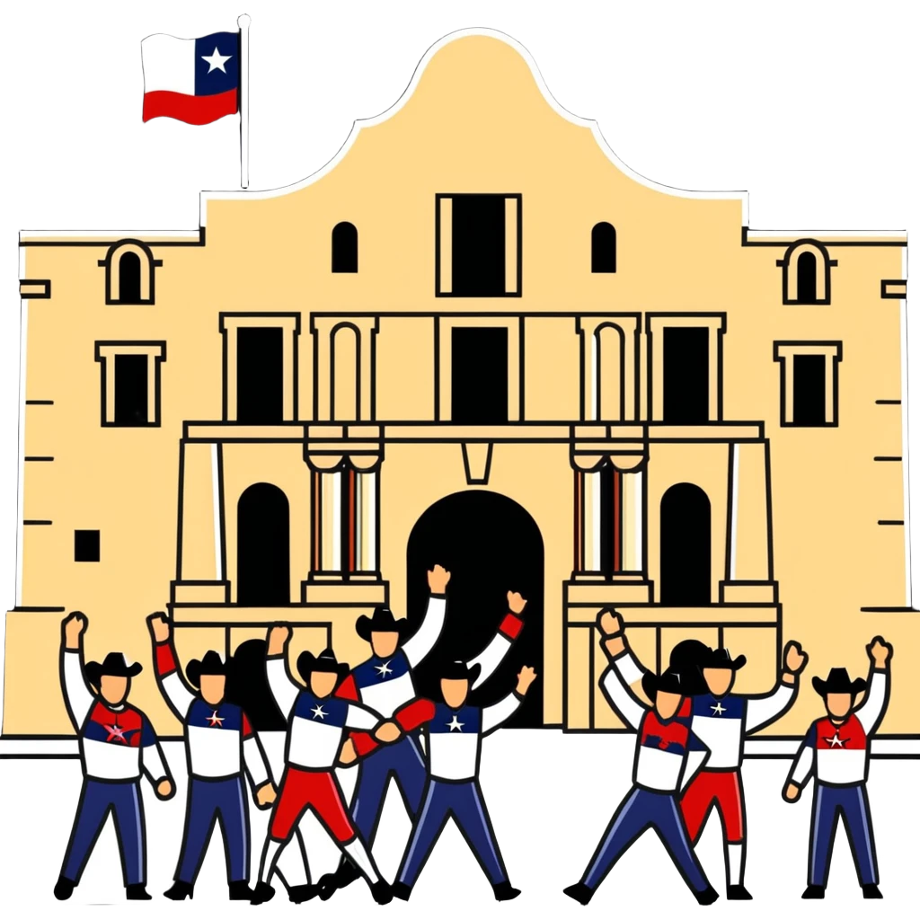 historical image of Texans celebrating in front of the Alamo after victory emoji