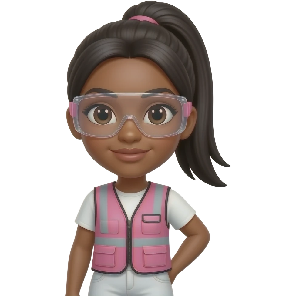 African American woman with long straight black hair in ponytail wearing pink and clear framed safety glasses wearing a pink construction vest wearing white pants emoji