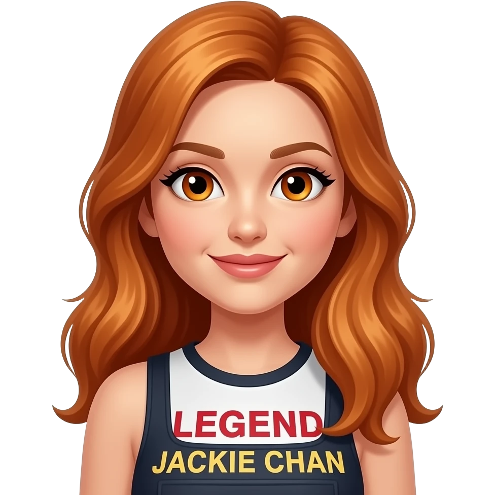 sexy girl with long ginger hair and ginger eyes a top with LEGEND JACKIE CHAN written on it emoji