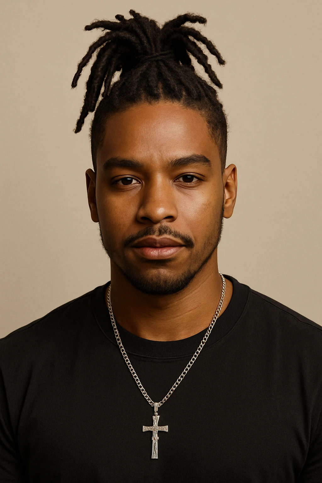 portrait of a brown-skinned person wearing a cross chain, dreadlocks styled in a top ponytail, confident expression, plain background emoji