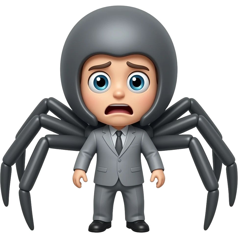 A tiny gray spider shaped like a little human dressed in gray, looking at us with a very frightened expression. emoji