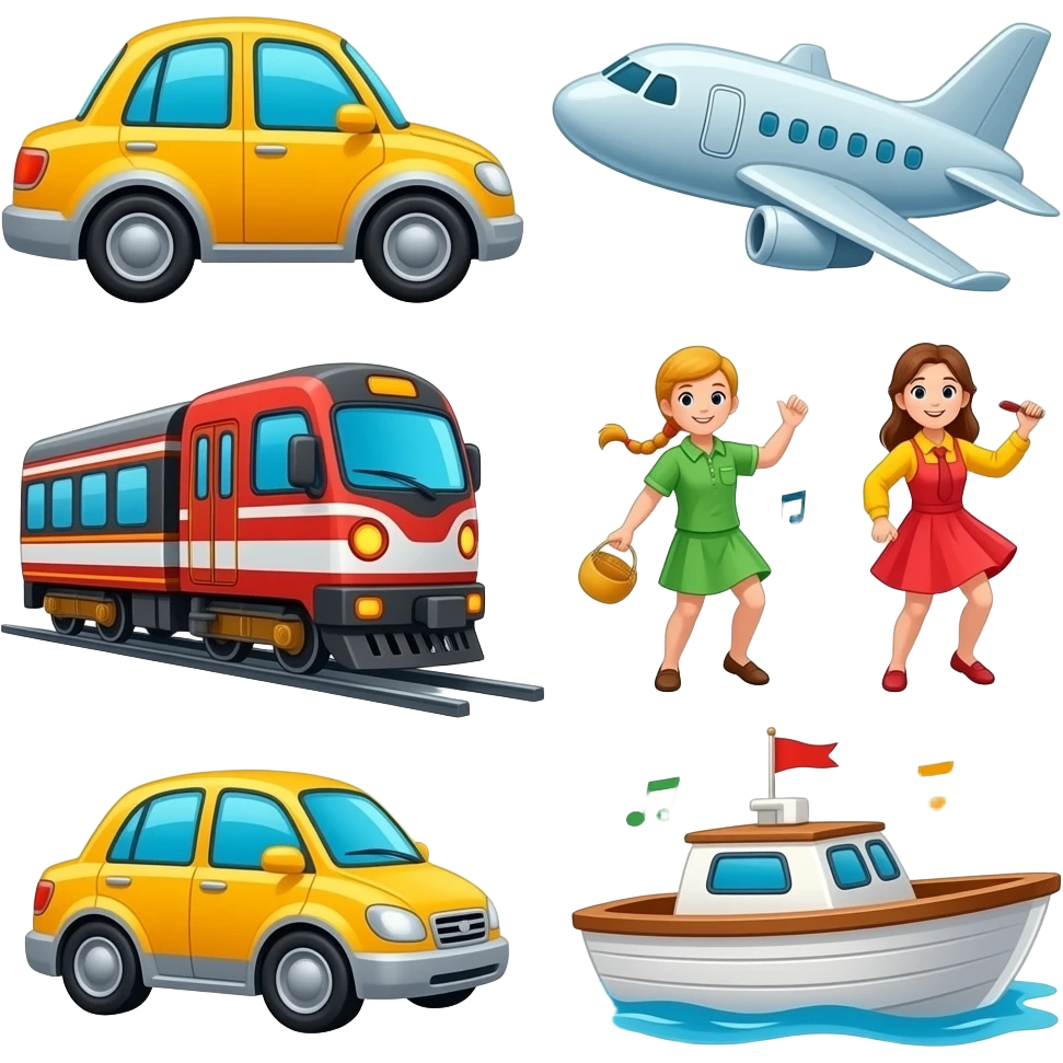 Car song, train song, airplane dance, and boat song emoji
