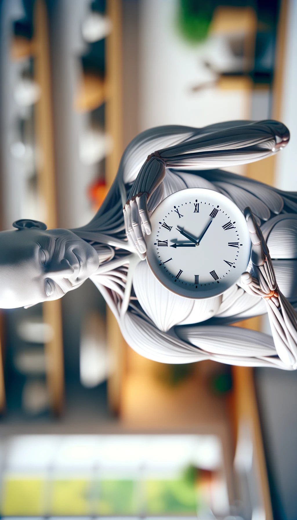 corpo umano anatomico, che tiene in mano un piatto bianco con la lancette di un orologio sopra, figura visibile fino ai fianchi, espressione del volto soddisfatta, sullo sfondo la sua cucina sfocata, iperrealistico 4k emoji