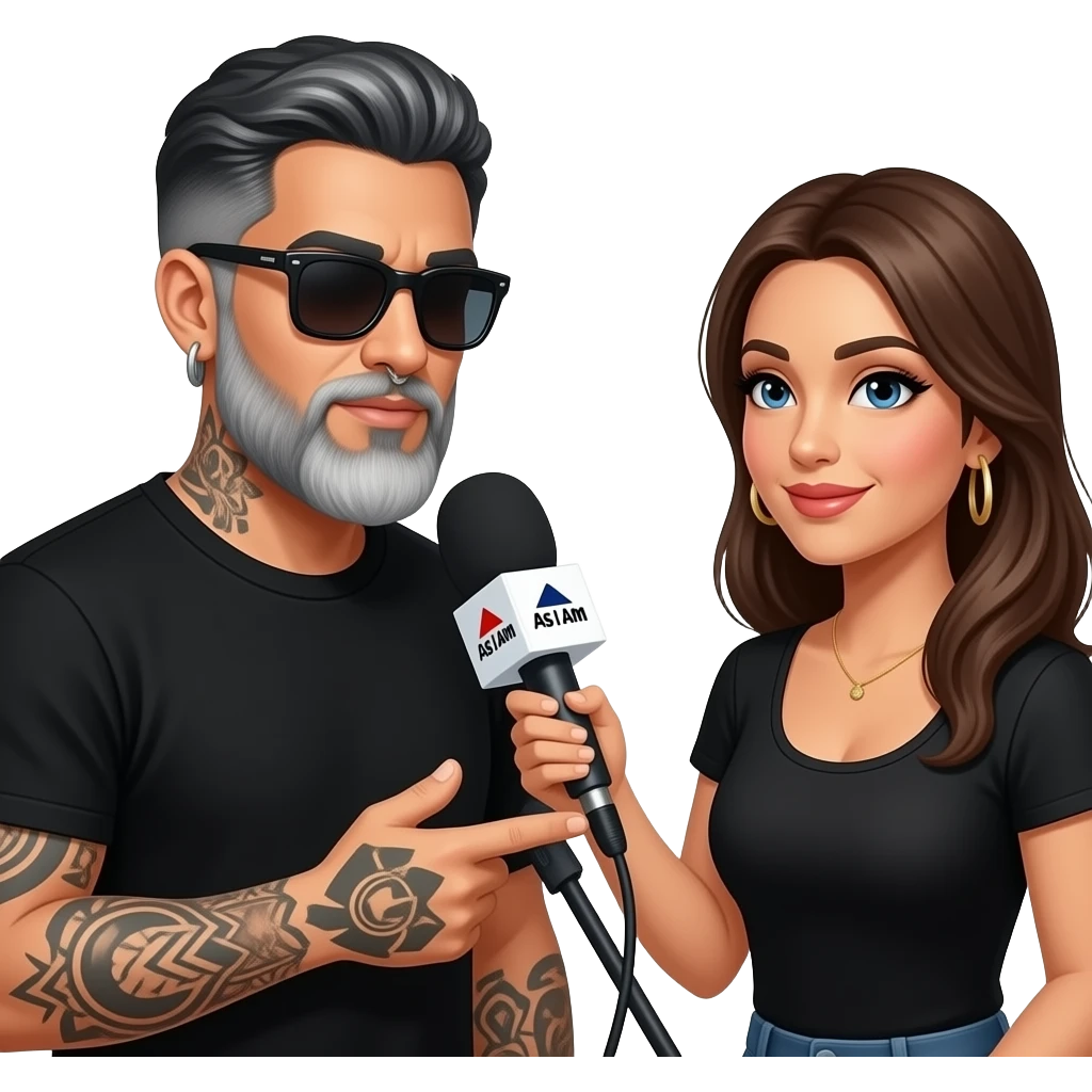 A podcast host, a handsome Latino man with medium hair, a graying beard, tattoos, hoops in his nose and ear, all in black with sunglasses, interviews a woman in front of a microphone with a logo reading "As I Am." emoji